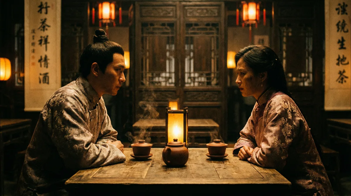 芒果视频古装剧情片拍摄剧照-茶馆对话场景