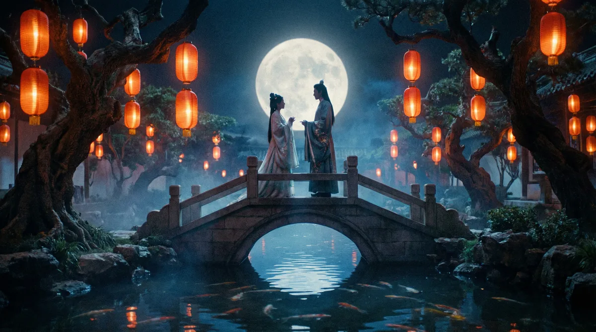 芒果视频古典爱情片拍摄剧照-月下花园场景